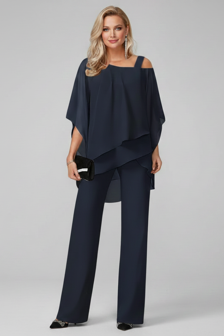 Chloe | Womens Off-Shoulder Flowing Wide-Leg Jumpsuit Dark Blue