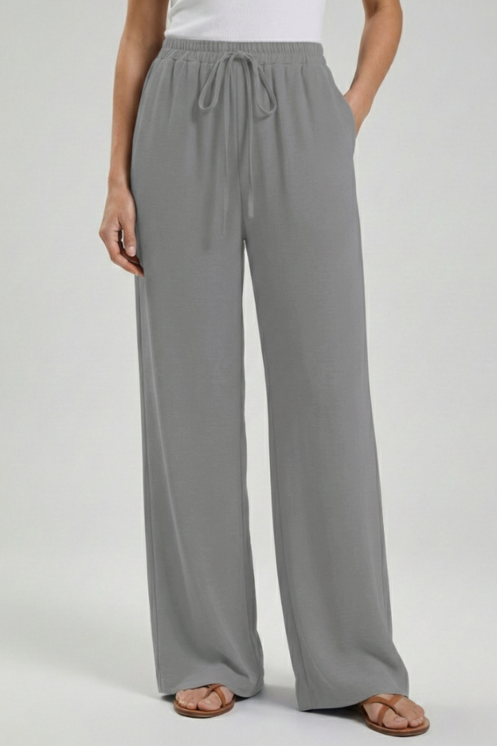 Claire | Womens Palazzo Trousers with Drawstring Waist and Side Grey