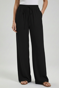Claire | Womens Palazzo Trousers with Drawstring Waist and Side Black