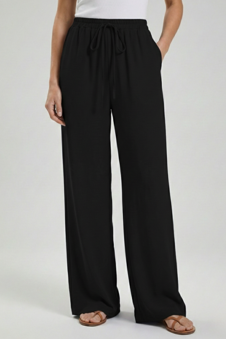 Claire | Womens Palazzo Trousers with Drawstring Waist and Side Black