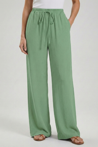 Claire | Womens Palazzo Trousers with Drawstring Waist and Side Bean Green