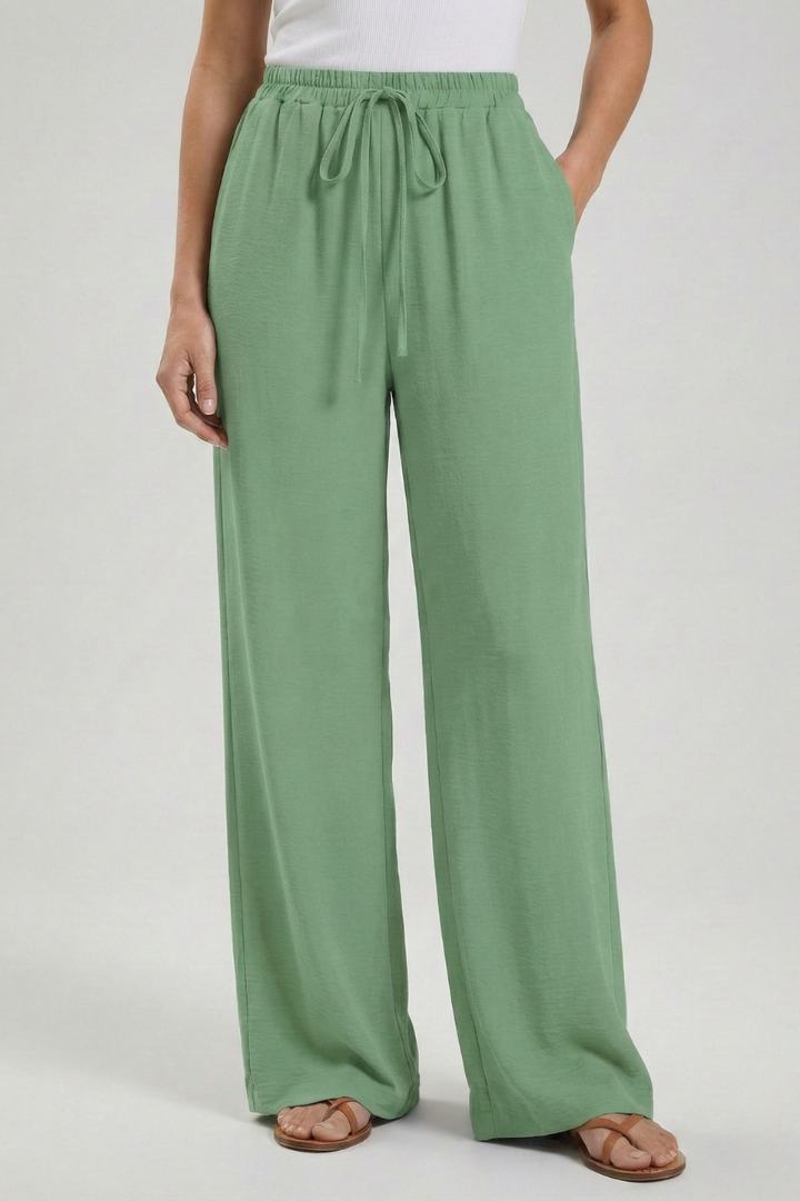 Claire | Womens Palazzo Trousers with Drawstring Waist and Side Bean Green
