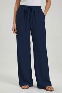 Claire | Womens Palazzo Trousers with Drawstring Waist and Side Dark Blue