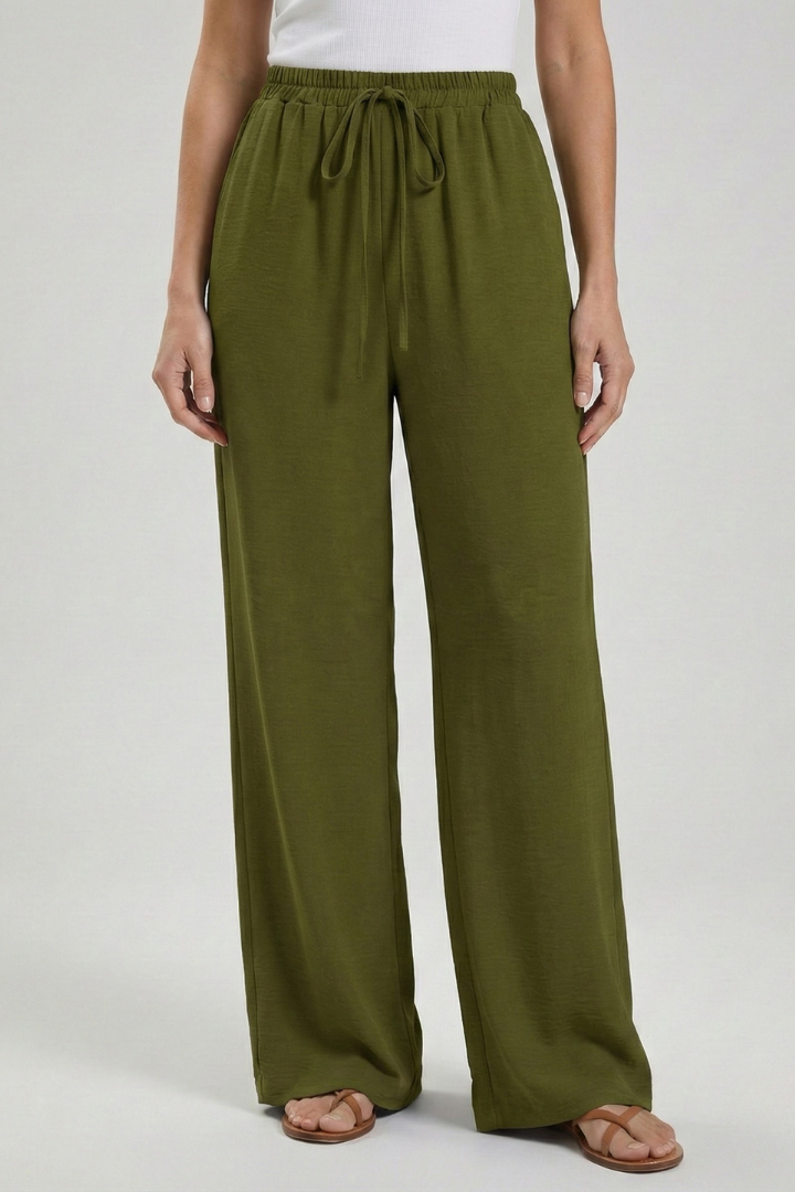 Claire | Womens Palazzo Trousers with Drawstring Waist and Side Olive Green