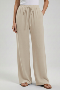 Claire | Womens Palazzo Trousers with Drawstring Waist and Side Beige