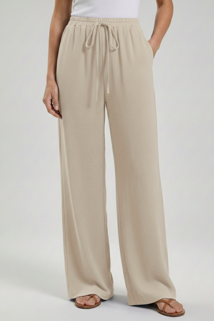 Claire | Womens Palazzo Trousers with Drawstring Waist and Side Beige