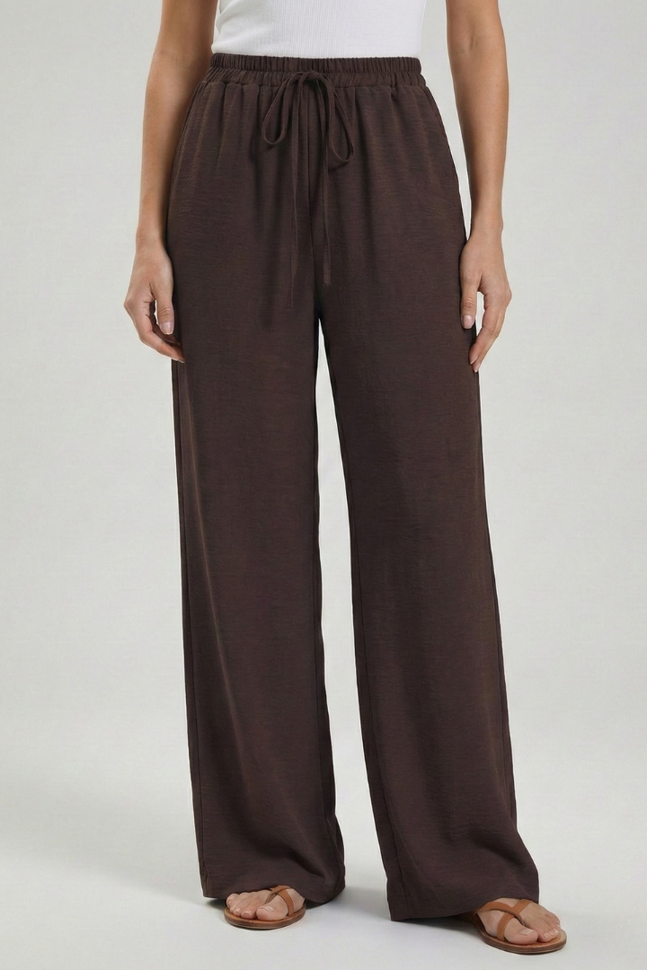 Claire | Womens Palazzo Trousers with Drawstring Waist and Side Dark Brown