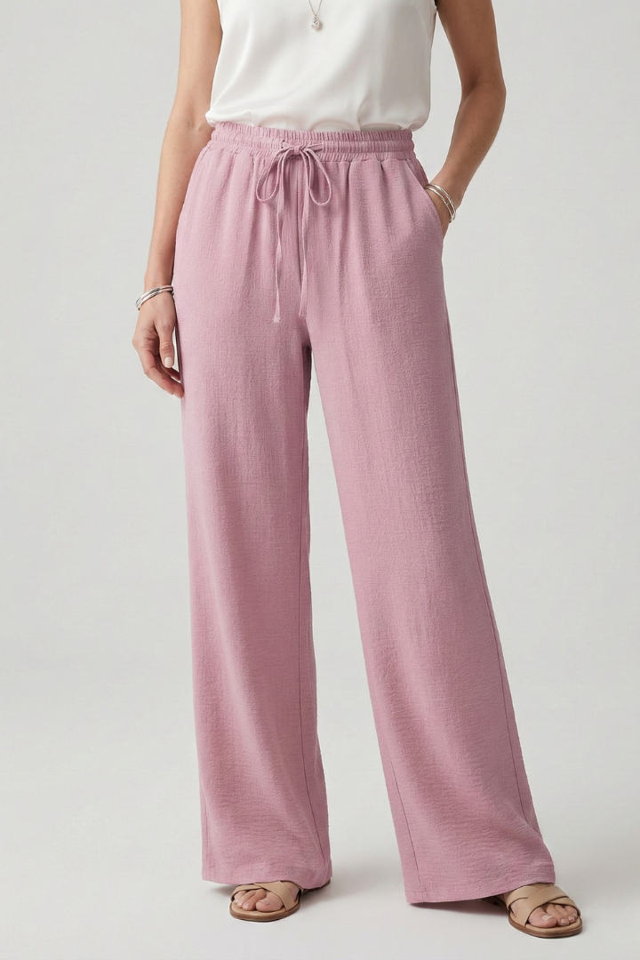 Caroline | Womens Casual Palazzo Trousers with Drawstring Waist and Pink
