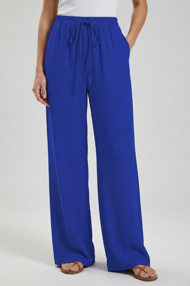 Claire | Womens Palazzo Trousers with Drawstring Waist and Side Blue
