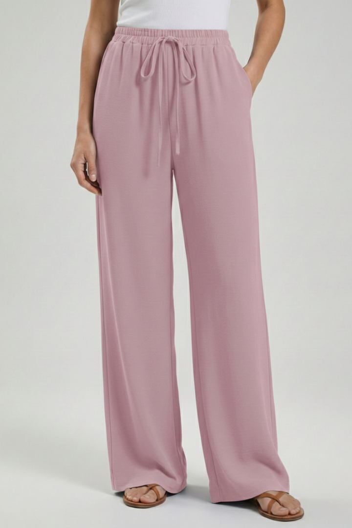 Claire | Womens Palazzo Trousers with Drawstring Waist and Side Pink