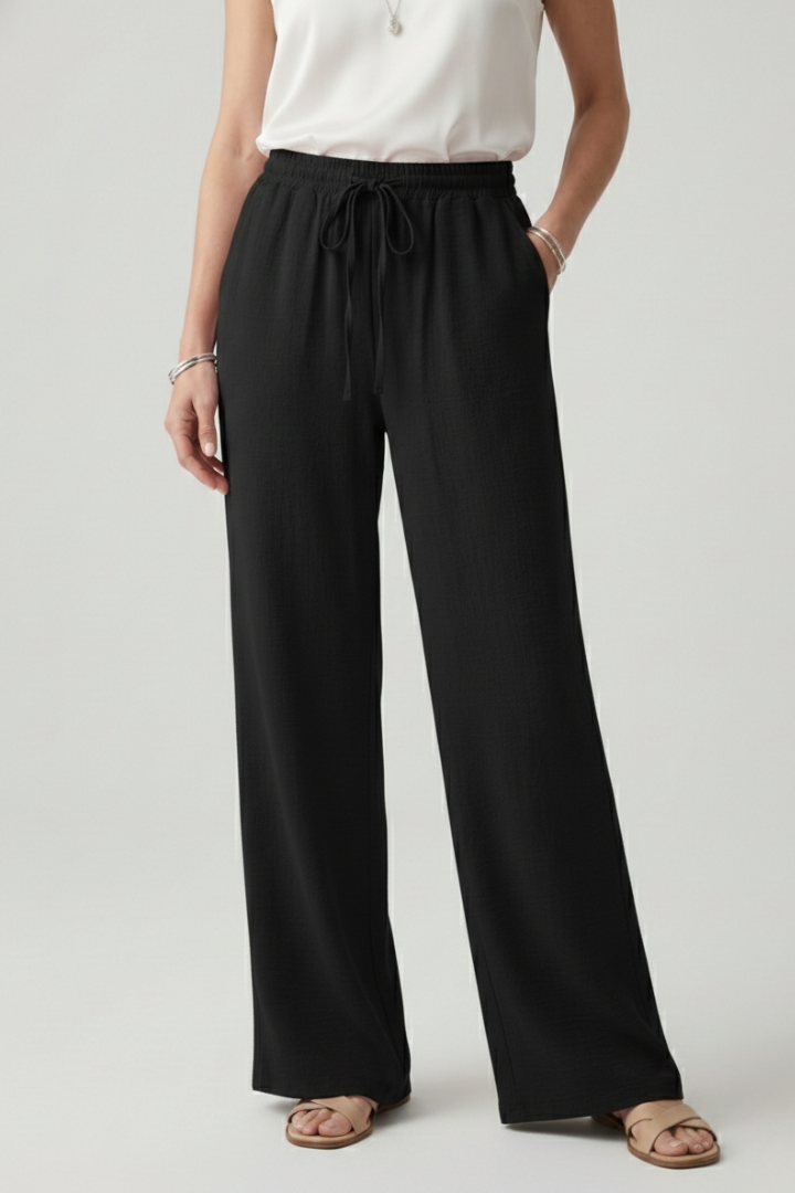 Caroline | Womens Casual Palazzo Trousers with Drawstring Waist and Black