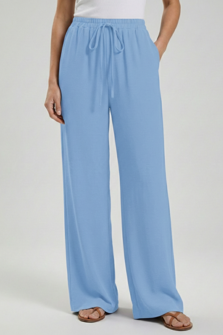 Claire | Womens Palazzo Trousers with Drawstring Waist and Side Light Blue