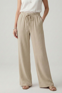 Caroline | Womens Casual Palazzo Trousers with Drawstring Waist and Khaki