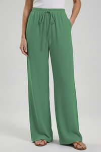 Claire | Womens Palazzo Trousers with Drawstring Waist and Side Dark Green