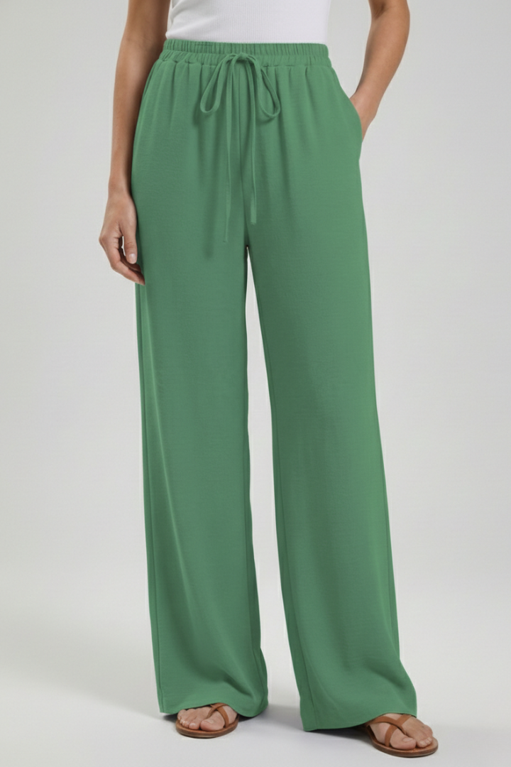 Claire | Womens Palazzo Trousers with Drawstring Waist and Side Dark Green