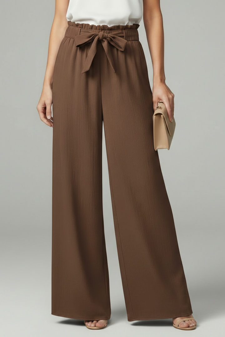 Daisy | Womens Palazzo Trousers with Tie Belt and Wide Legs Brown