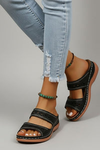 Jacklyn | Womens Slide Sandals with Dual Straps and Decorative Cutouts Black