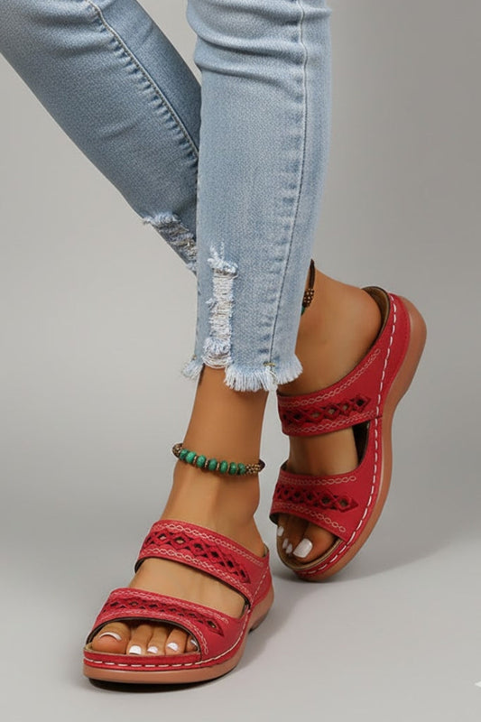 Jacklyn | Womens Slide Sandals with Dual Straps and Decorative Cutouts Red
