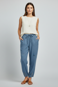 Anna | Womens Trousers with Drawstring Waist and Button Hem Blue