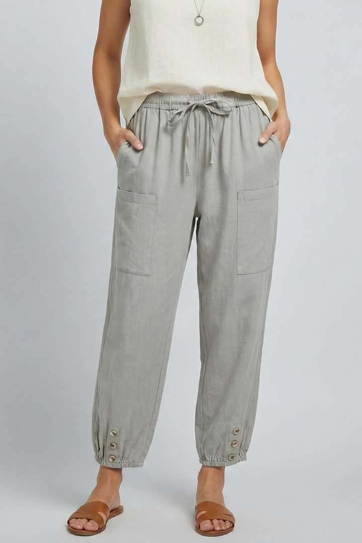 Anna | Womens Trousers with Drawstring Waist and Button Hem Light Grey