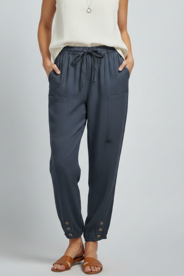 Anna | Womens Trousers with Drawstring Waist and Button Hem Navy Blue