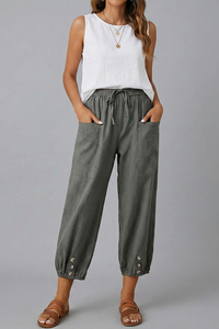 Anna | Womens Trousers with Drawstring Waist and Button Hem Dark Grey