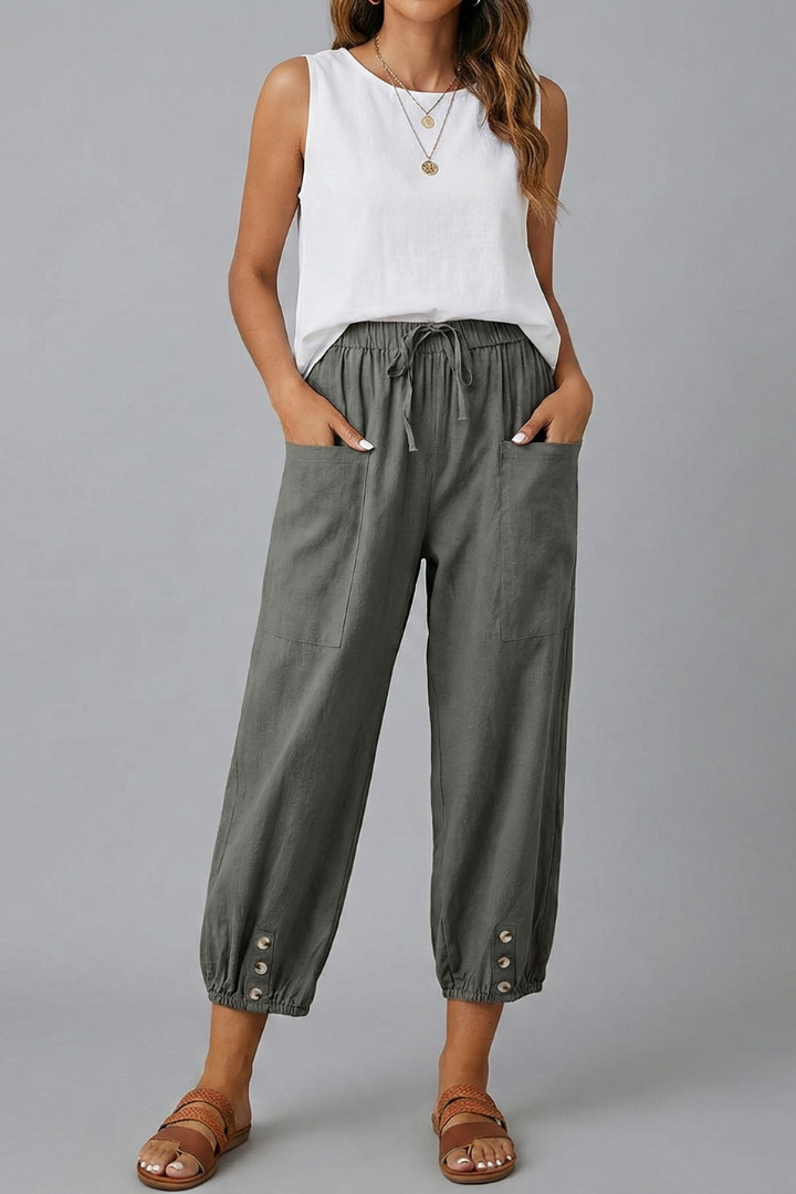 Anna | Womens Trousers with Drawstring Waist and Button Hem Dark Grey