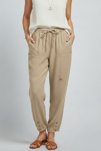 Anna | Womens Trousers with Drawstring Waist and Button Hem Khaki