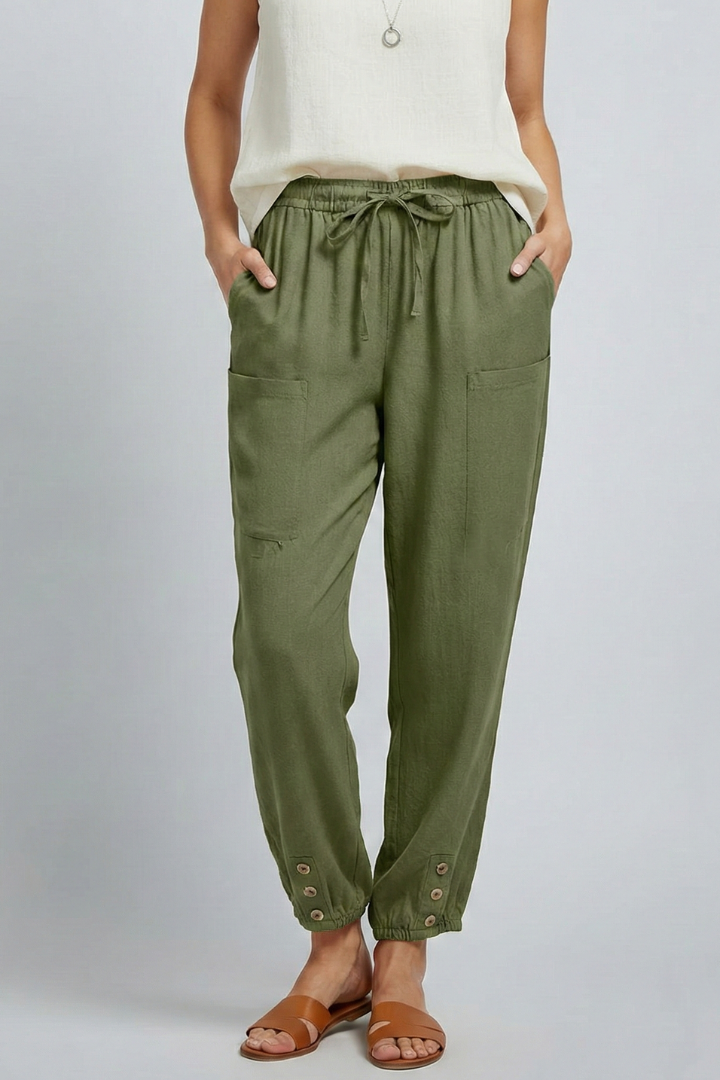Anna | Womens Trousers with Drawstring Waist and Button Hem Army Green