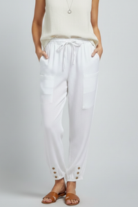 Anna | Womens Trousers with Drawstring Waist and Button Hem White