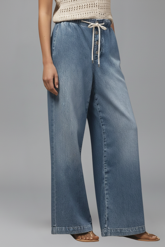 Lauren | Womens Relaxed Wide-Leg Drawstring Denim Jeans Light Blue