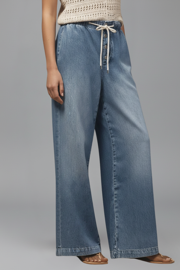 Lauren | Womens Relaxed Wide-Leg Drawstring Denim Jeans Light Blue