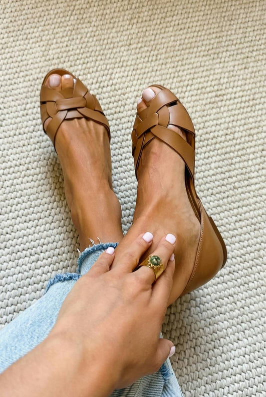 Antonella – Woven Faux Leather Peep-Toe Ballet Flats with Cross Straps