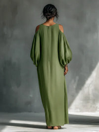 Olive - Green Chiffon Off Shoulder Short Sleeve Midi Dress