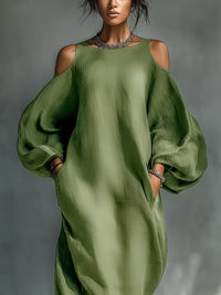 Olive - Green Chiffon Off Shoulder Short Sleeve Midi Dress