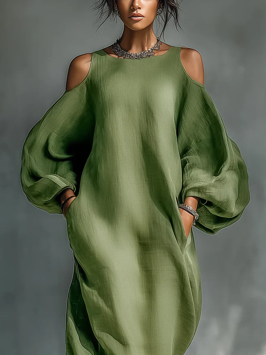 Olive - Green Chiffon Off Shoulder Short Sleeve Midi Dress