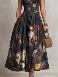 Bailey - Black Keyhole Collar Floral Pleated Satin Midi Dress