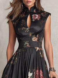 Bailey - Black Keyhole Collar Floral Pleated Satin Midi Dress