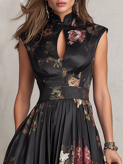 Bailey - Black Keyhole Collar Floral Pleated Satin Midi Dress