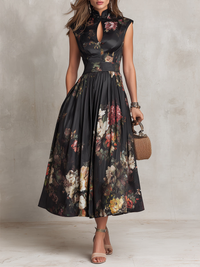 Bailey - Black Keyhole Collar Floral Pleated Satin Midi Dress