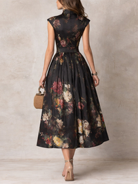Bailey - Black Keyhole Collar Floral Pleated Satin Midi Dress