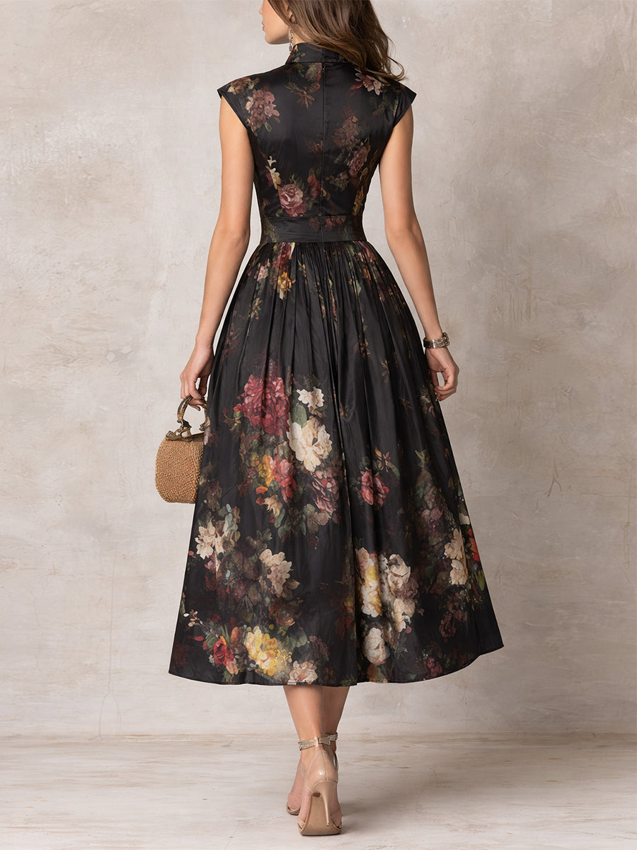 Bailey - Black Keyhole Collar Floral Pleated Satin Midi Dress