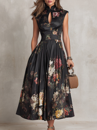 Bailey - Black Keyhole Collar Floral Pleated Satin Midi Dress