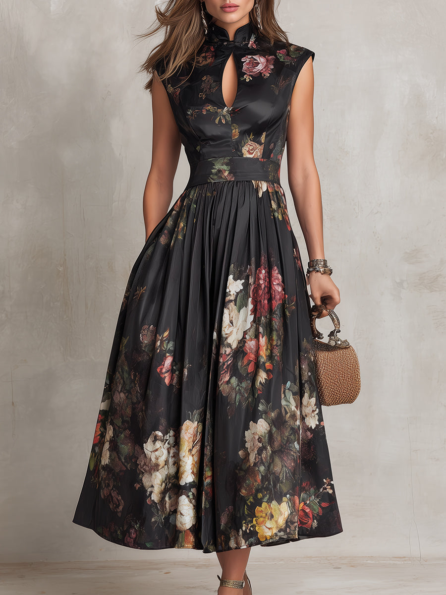 Bailey - Black Keyhole Collar Floral Pleated Satin Midi Dress