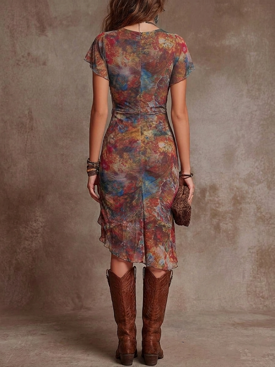 Judith - Bohemian Abstract Art Print V-neck Pleated Midi Dress
