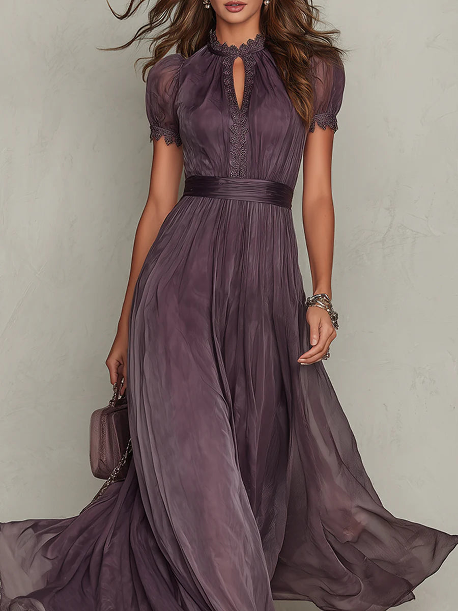 Philippa - Purple Keyhole Neckline Chiffon Lace Trim Maxi Dress