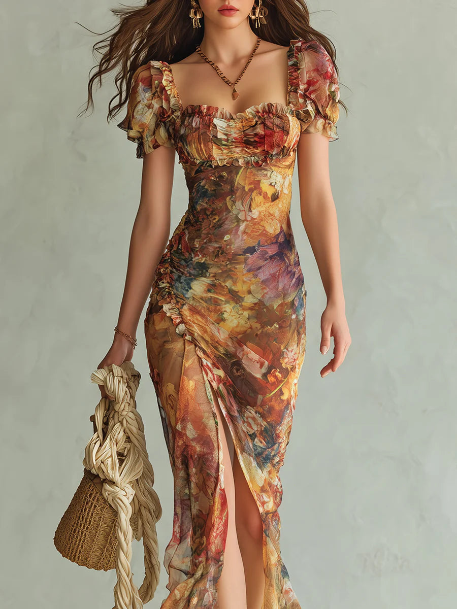 Laura - Orange Bohemian Holiday Oil Painting Print Chiffon Maxi Dress