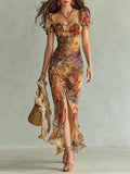 Laura - Orange Bohemian Holiday Oil Painting Print Chiffon Maxi Dress