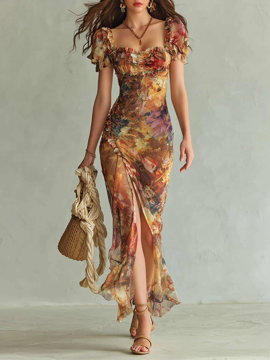 Laura - Orange Bohemian Holiday Oil Painting Print Chiffon Maxi Dress