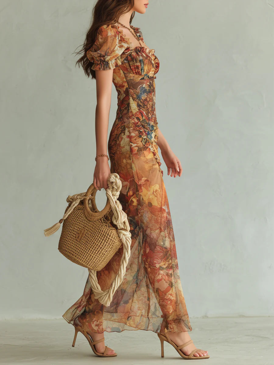 Laura - Orange Bohemian Holiday Oil Painting Print Chiffon Maxi Dress
